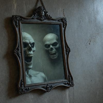The primary subject of the image is a mirror with a reflection of two skulls. The setting is a dark room, and the visual style appears to be a photo. The dominant colors are black and white, and the overall atmosphere is eerie and mysterious.